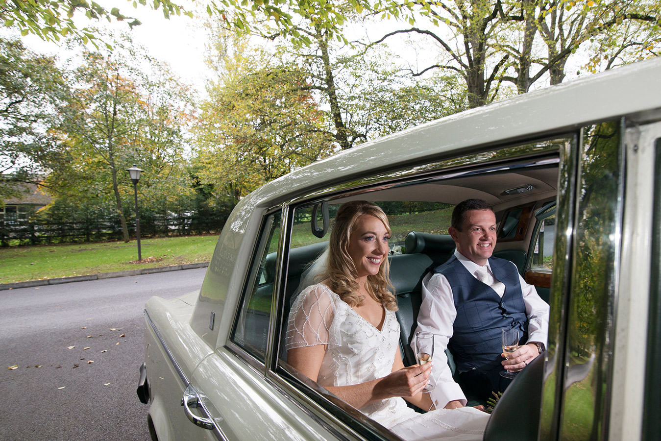 bride and groom in their wedding car at Durrow Castle Wedding