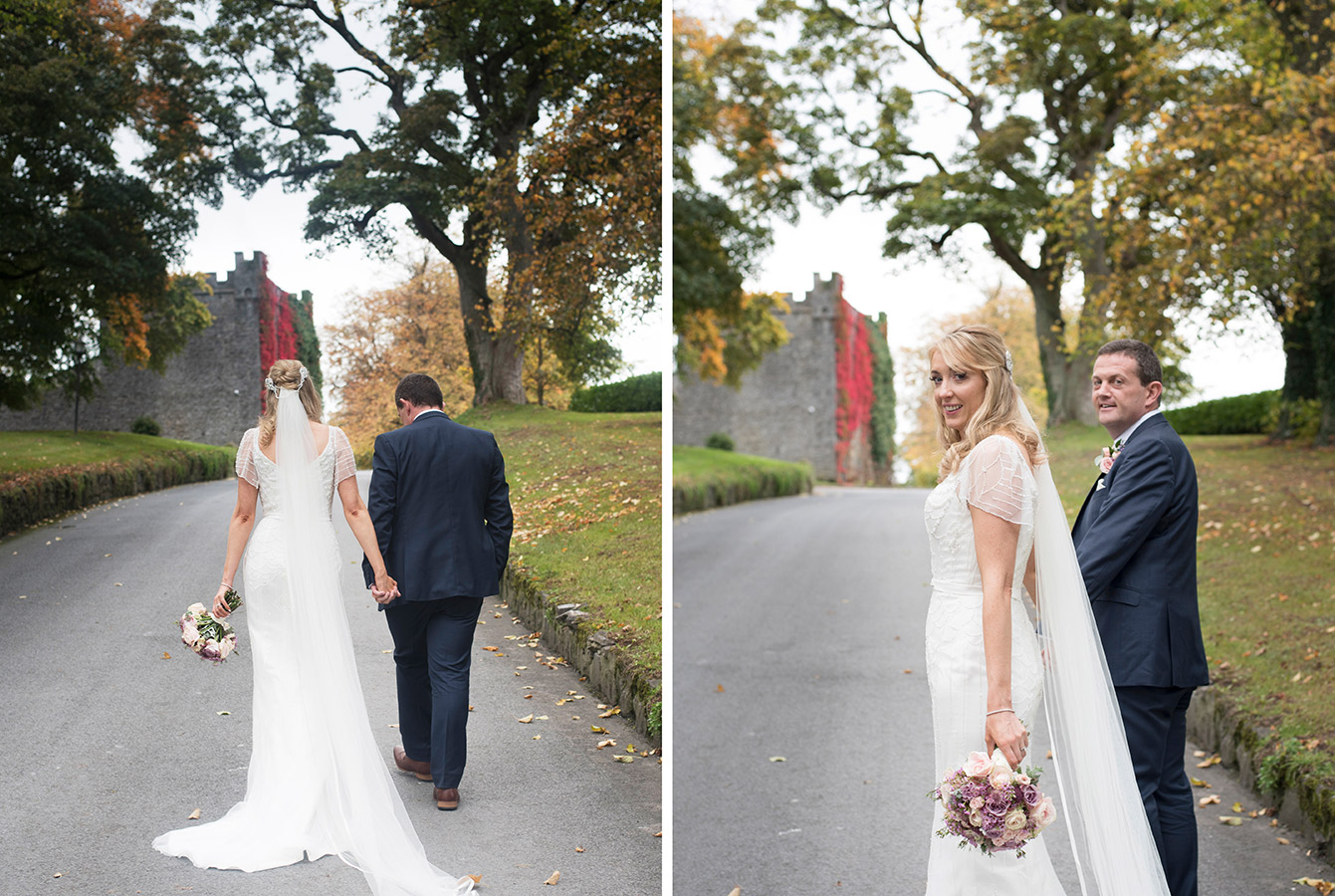 bride and groom on autumnal driveway at Durrow Castle Wedding