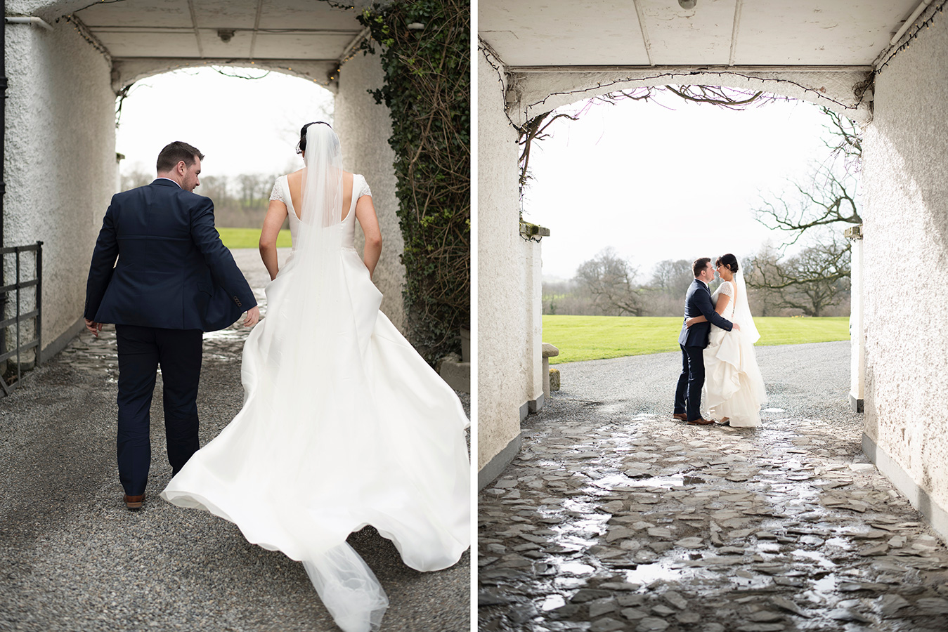 bride and groom walk under arch at rathsallagh hotel