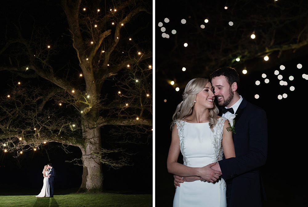 wedding photos under the tree at rathsallagh fairy lights