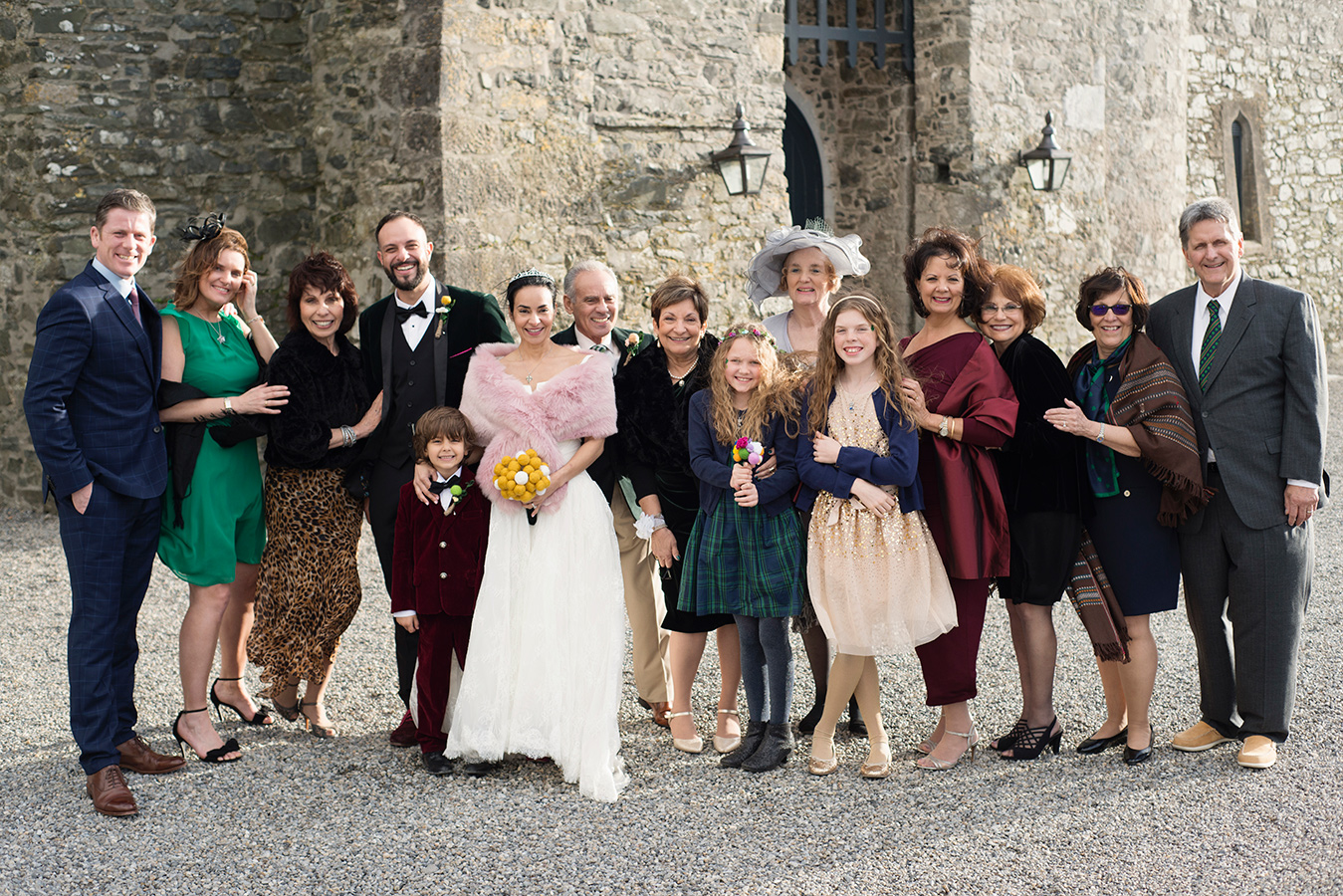 group photo of all wedding guests at kilkea elopement