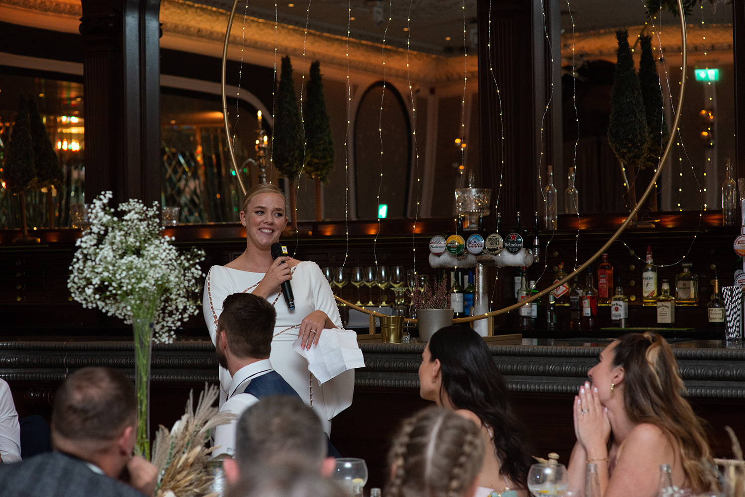 bride doing speech at wedding at Langtons Hotel