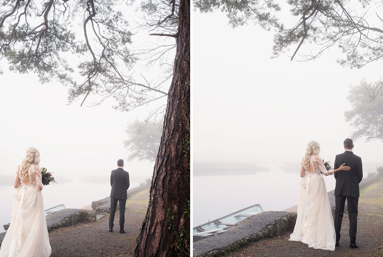 first look at foggy lakeside at coolbaun quay wedding