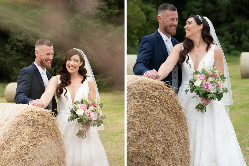 Wedding couple at haybales in fields at Rathsallagh House