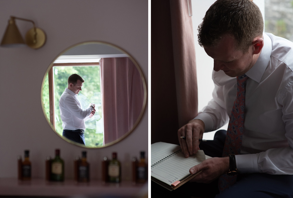 Groom writing his speech for wedding at Glasson Lakehouse Hotel