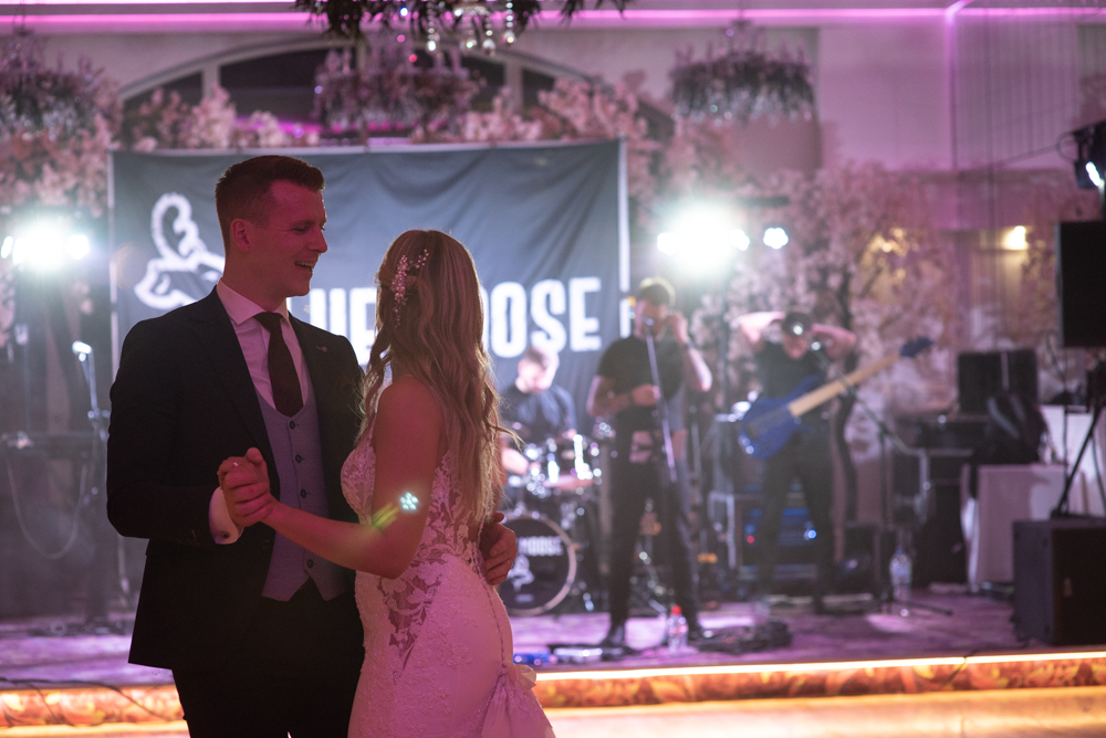 enjoying their first dance at wedding at Woodlands Hotel Adare with Blue Moose wedding band