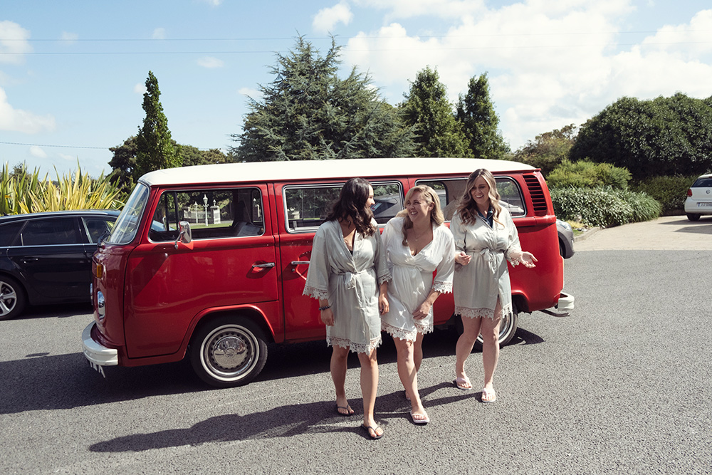 bridesmaids at volkwagon van for wedding at Darver Castle