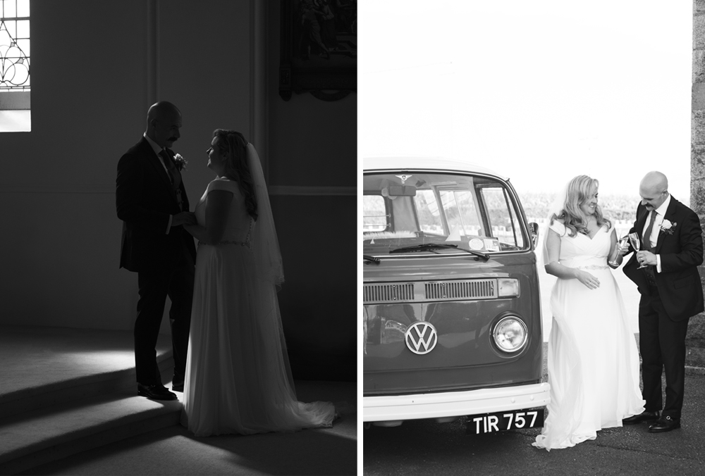 bride and groom with Volkswagon van at Darver Castle
