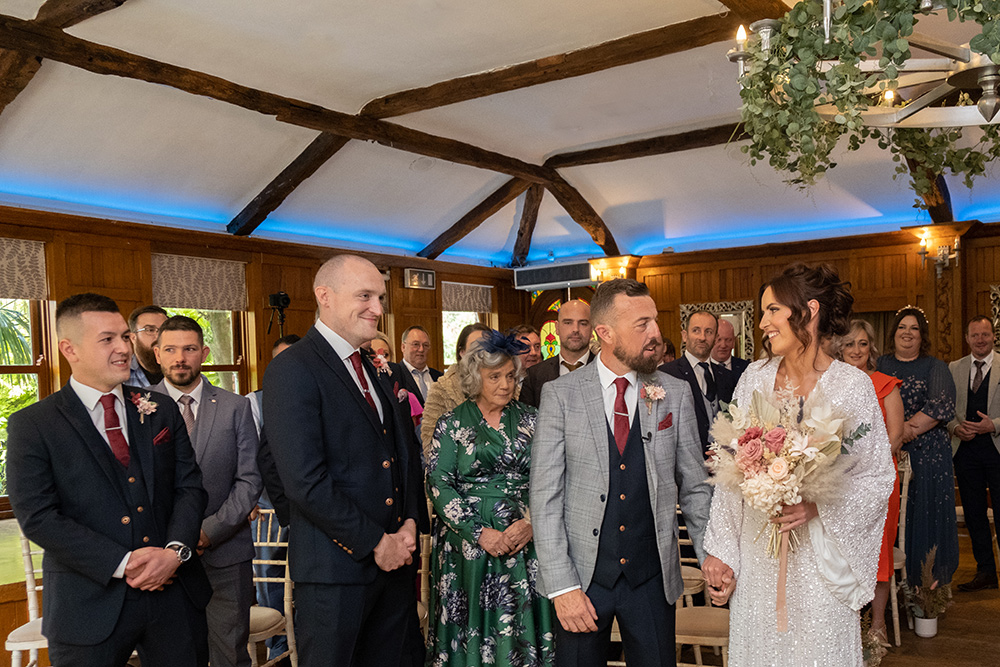 bride and groom meet each other at wedding ceremony at Raheen House