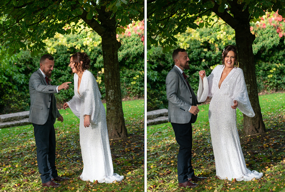 bride and groom under oak trees at wedding at Raheen House
