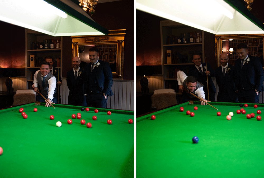 Groomsmen playing snooker at wedding at Boyne Hill House