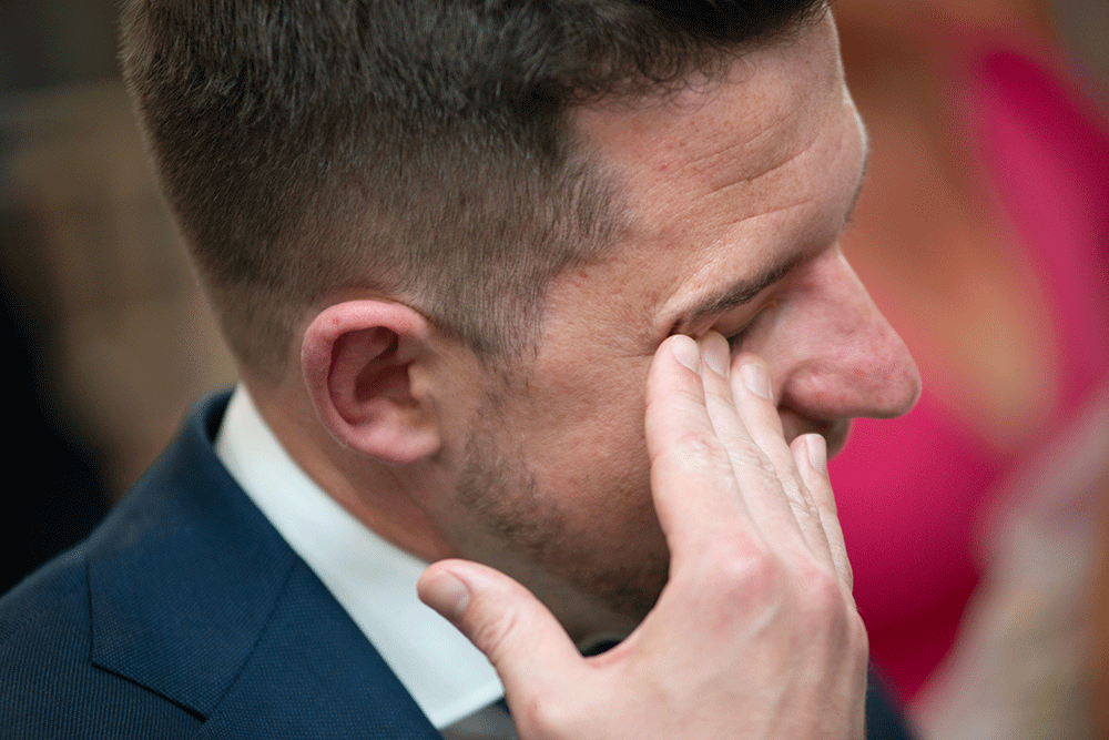 Groom crying at wedding at Boyne Hill House