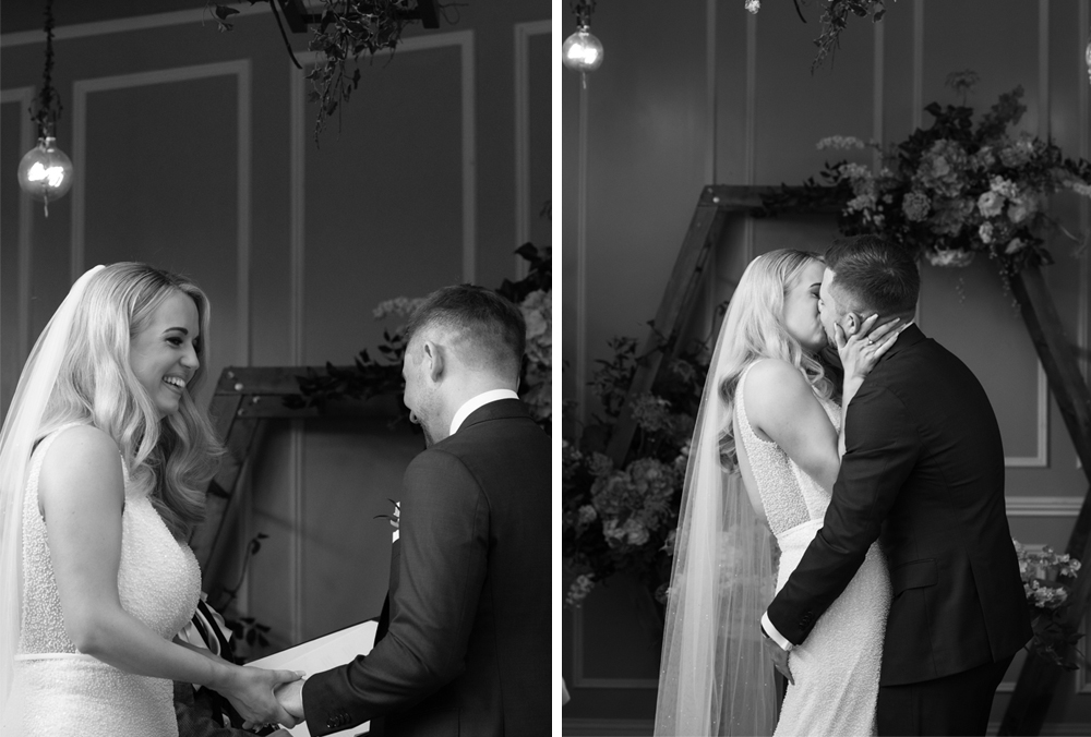 First kiss at wedding at Boyne Hill House