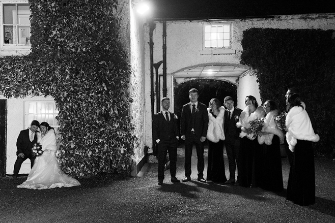 black and white wedding pictures nightime at Rathsallagh House