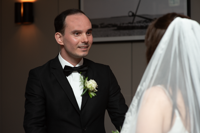 groom sees his bride at summer wedding at Clayton Hotel Ballsbridge